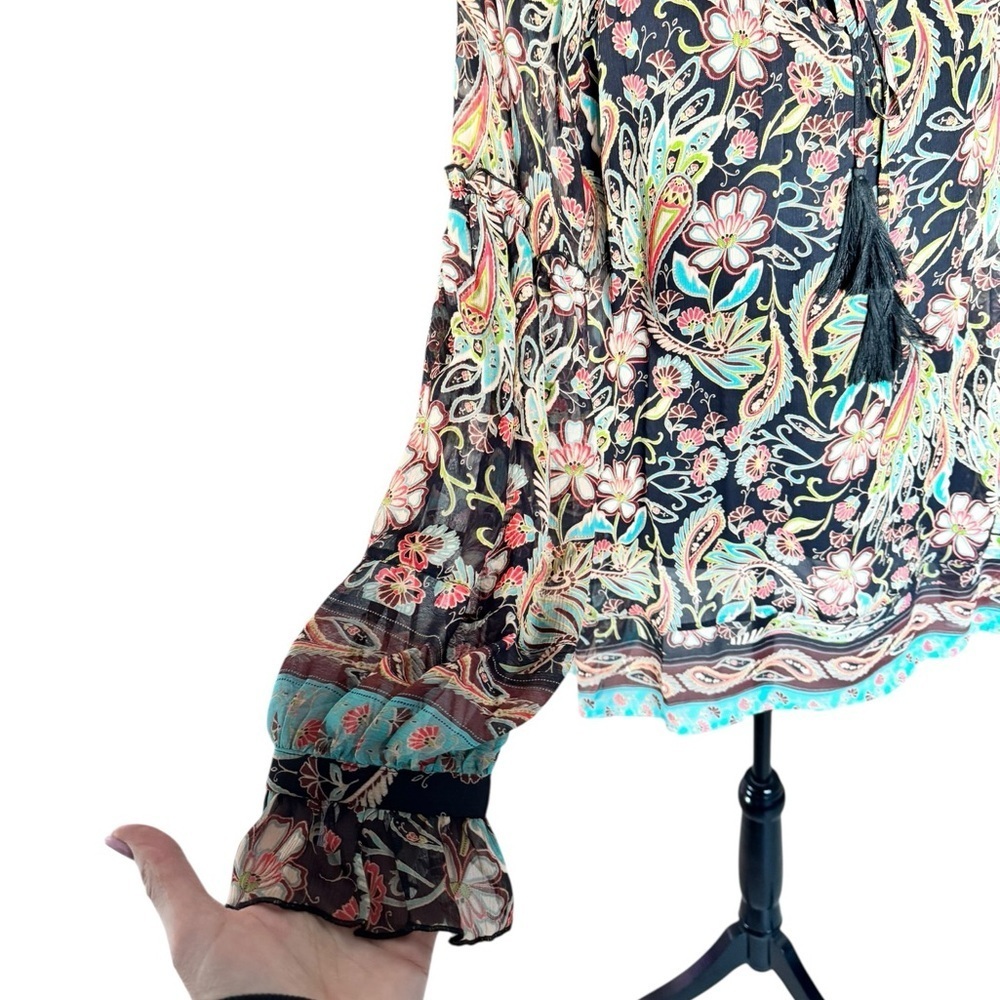Sundance 100% Silk Blouse L Artisan Floral Tassel Top Luxe Boho Capsule Wardrobe - Picture 3 of 9